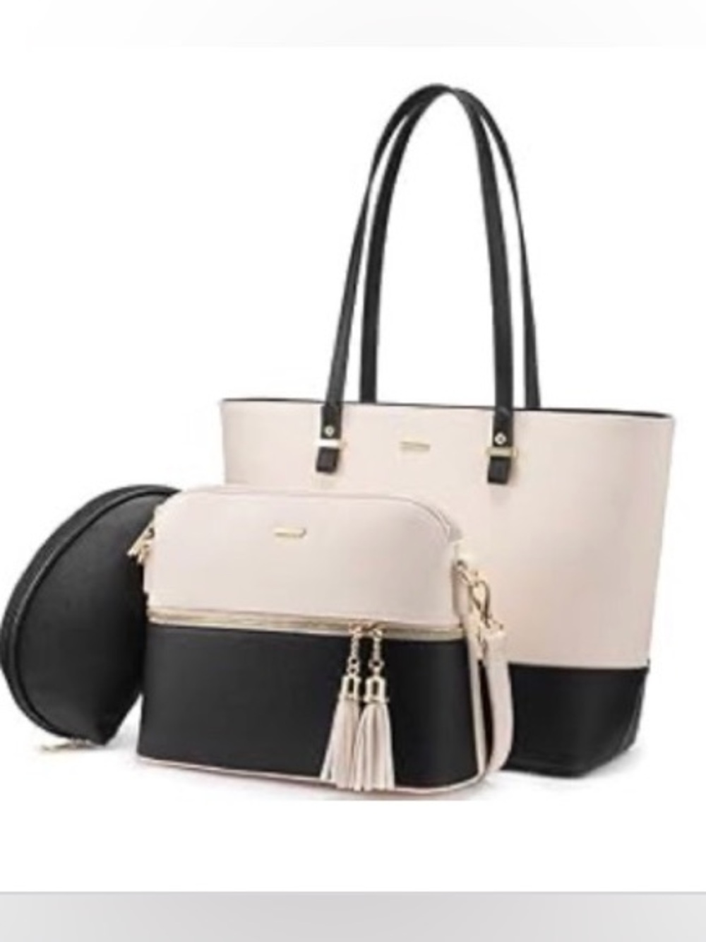 Cream and Black 3-Piece Tote Set with Tassel Crossbody